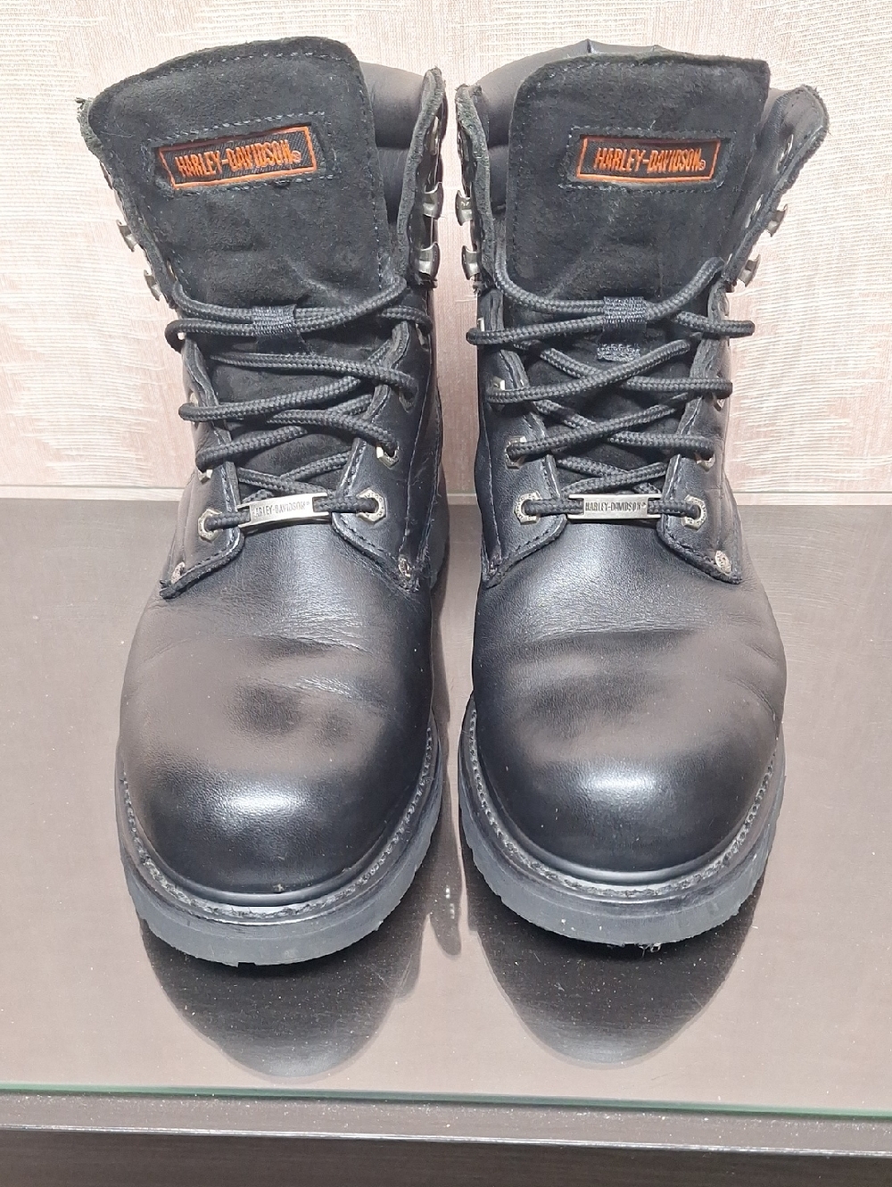 Harley-Davidson Black Leather Lace-Up Boots with Orange Logo Patch